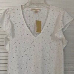 Michael Kors White Eyelet V Neck Shirt